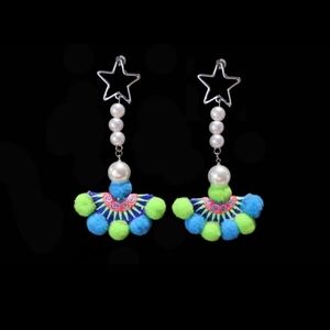 Green and blue Hmong pompom earring